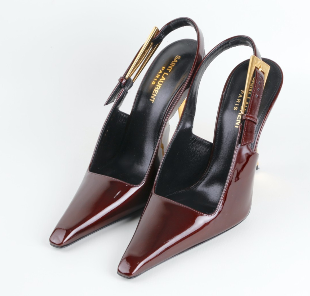 Saint Laurent Lee Burgundy Patent Leather Slingback Pointed Toe Heels Gold 37